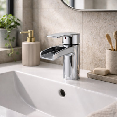 Cascada Mini Mono Basin Mixer Chrome - Compact Waterfall Design Tap ...