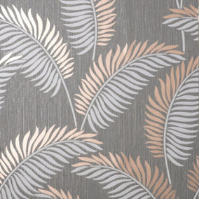 Cascade Leaf Wallpaper Grey / Rose Gold Fine Decor FD42839