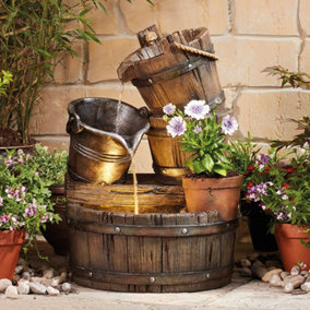 Cascading Barrel & Bucket Water Feature with Flower Planter, Outdoor Freestanding Garden Water Fountain with LED Light