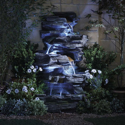 Cascading Rock Pool Water Feature with LED Lights, Outside Ornament for Garden, Patios & Decking (Height 100.5cm)