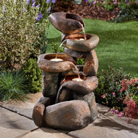 Cascading Tumbling Rocks Water Feature with LED Lights, Outside Ornament for Garden, Patios & Decking (Height 61cm)