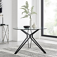 Cascina Black Leg Round 4 Seater Glass Dining Table with Striking Angled Hairpin Legs for Modern Minimalist Industrial Style