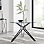 Cascina Black Leg Round 4 Seater Glass Dining Table with Striking Angled Hairpin Legs for Modern Minimalist Industrial Style