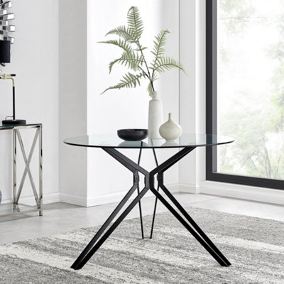 Novara 120cm 4 6 Seater Round Glass Dining Table with Black Metal Starburst  Legs for Modern Industrial Minimalist Dining Room