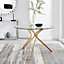 Cascina Gold Leg Round 4 Seater Glass Dining Table with Striking Angled Hairpin Legs for Modern Minimalist Glam Style