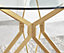 Cascina Gold Leg Round 4 Seater Glass Dining Table with Striking Angled Hairpin Legs for Modern Minimalist Glam Style