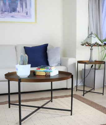 Cassia Round Metal Foldable Tray Top Coffee Table,Antique Brass/Black