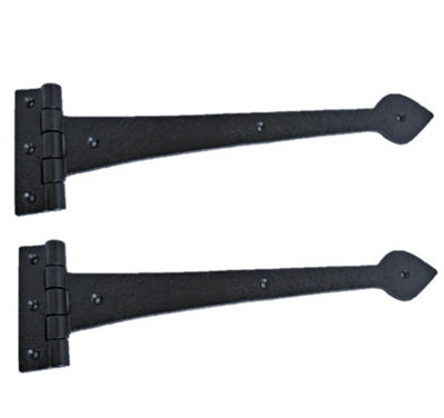 Cast Iron 15" 390mm Black Tudor Heavy Door Gate Tee Hinges Spear Head Leaf PAIR