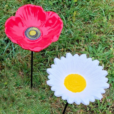 Cast Iron Daisy & Poppy Bird Feeder Flower Dish Set