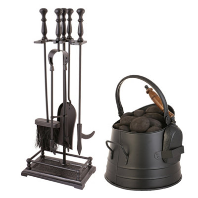 Cast Iron Fireplace 5pc Tools Companion Set with Coal Bucket