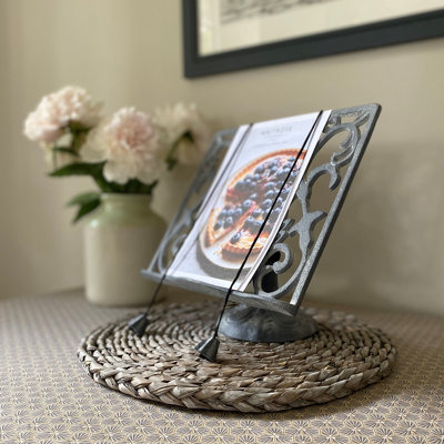Iron Cookbook Stand With Bird Decoration – Rustic Finish, Page Holders – For Kitchen, Counter, Displaying Cookbooks & Reading