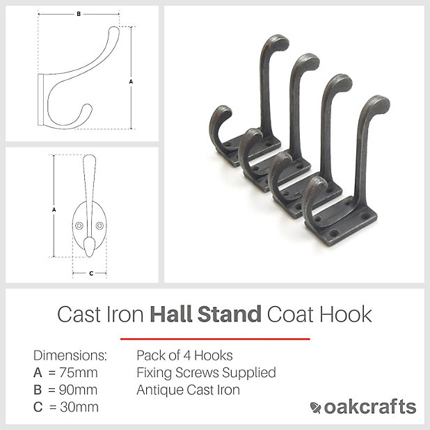 Cast Iron Hall Stand Coat Hook - Pack of 4 Hooks