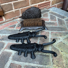 Cast Iron Hedgehog Boot Brush And Two Beetle Boot Jacks