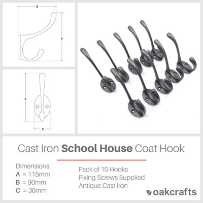 Cast Iron Victorian School House Style Hat and Coat Hook - Pack of 10