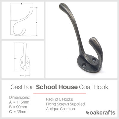 Cast Iron Victorian School House Style Hat and Coat Hook - Pack of 5
