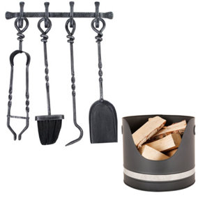 Cast Iron Wall Mounted Fireside Set with Black and Fireplace Nickel Log Storage, Coal Bucket