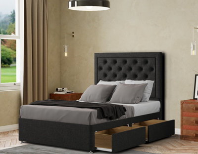 Castle Divan Bed 2 Drawers Floor Standing Headboard Matching Buttons Linen Black