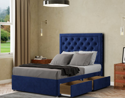 Castle Divan Bed 2 Drawers Floor Standing Headboard Matching Buttons Plush Navy