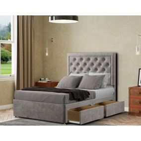 Castle Divan Bed 2 Drawers Floor Standing Headboard Matching Buttons Plush Silver