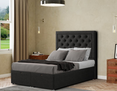 Castle Ottoman Bed Floor Standing Headboard Matching Buttons Linen Black