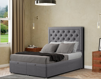 Castle Ottoman Bed Floor Standing Headboard Matching Buttons Linen Grey