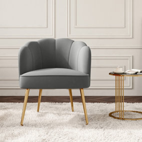Casual Frosted Velvet Shell-shaped Armchair Petal Backrest with Golden Metal Legs Grey