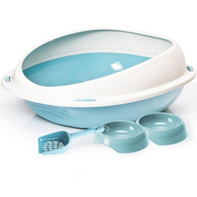 CAT CENTRE Blue Bundle of Jumbo Oval Litter Tray with High Rim + 2 x Gusto Bowls 0.3L + Geo Scoop