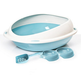 CAT CENTRE Blue Bundle of Large Oval Litter Tray with High Rim + 2 x Gusto Bowls 0.2L + Geo Scoop