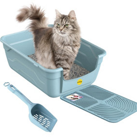 CAT CENTRE Blue Large Cat Litter Tray + Scoop + Tray Mat - Deep Open Box