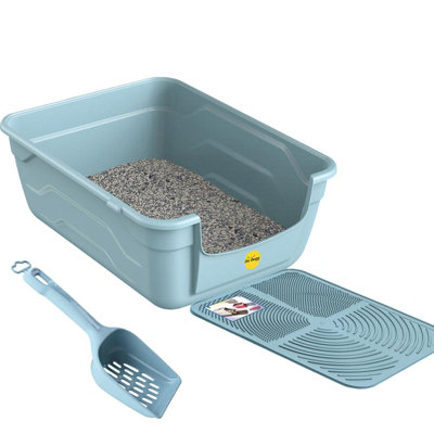 CAT CENTRE Blue Large Cat Litter Tray Scoop Tray Mat Deep Open Box DIY at B Q