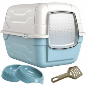 CAT CENTRE Blue Roto Litter Tray + 2 x Gusto Bowls 0.35L + Scoop