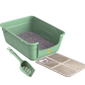CAT CENTRE Green Large Cat Litter Tray + Scoop + Tray Mat - Deep Open Box