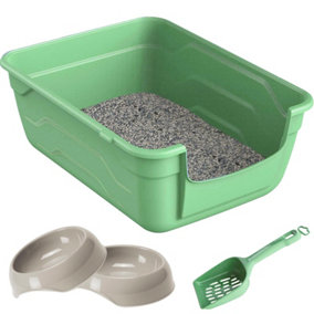 CAT CENTRE Green Large Cat Open Litter Tray + 2 0.35L Bowls + Scoop