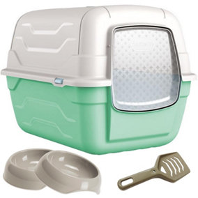 CAT CENTRE Green Roto Litter Tray + 2 x Gusto Bowls 0.35L + Scoop