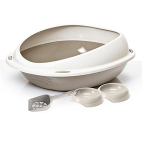 CAT CENTRE Grey Bundle of Large Oval Litter Tray with High Rim + 2 x Gusto Bowls 0.2L + Geo Scoop