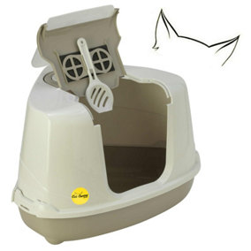 CAT CENTRE Grey Large Corner Cat Flip Litter Tray - Hooded Box Toilet + Scoop + Charcoal Filter