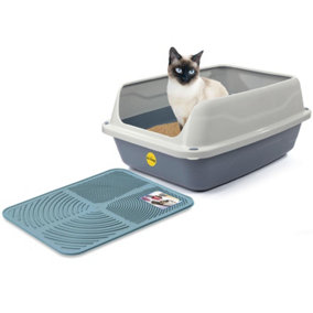 CAT CENTRE Grey Sonic Open Litter Tray with Blue Tray Mat