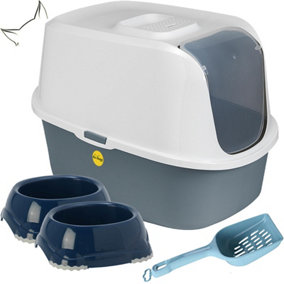 CAT CENTRE Hooded Litter Tray Bundle with x2 0.3L Smarty Bowls and Scoop Dark Grey