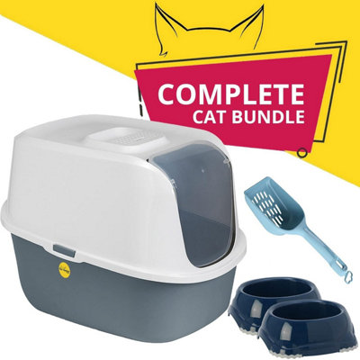 CAT CENTRE Jumbo Grey Hooded Cat Litter Tray +Waste Scoop Set Carbon Filter Kitten Large