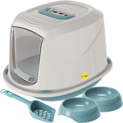 CAT CENTRE Jumbo Blue Cat Hooded Litter Tray Bundle with 2 Bowls and Scoop Price Comparisons | Compare The Build