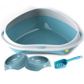 CAT CENTRE Jumbo Blue Corner Litter Tray with High Rim + 2 x Blue Gusto Bowls 0.2L + Blue Scoop