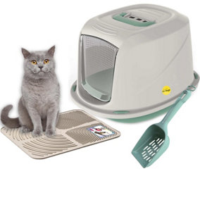 CAT CENTRE Jumbo Green Cat Hooded Set: Litter Tray + Scoop + Crem Tray Mat + Carbon Filter