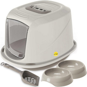 CAT CENTRE Jumbo Grey Cat Hooded Litter Tray Bundle with 2 Bowls and Scoop