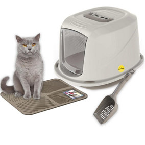 CAT CENTRE Jumbo Grey Cat Hooded Set: Litter Tray + Scoop + Tray Mat + Carbon Filter