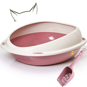 CAT CENTRE Jumbo Oval Open Litter Tray With Rim + Litter Scoop Bundle Pink