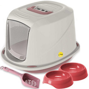 CAT CENTRE Jumbo Pink Cat Hooded Litter Tray Bundle with 2 Bowls and Scoop