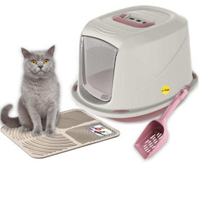 CAT CENTRE Jumbo Pink Cat Hooded Set: Litter Tray + Scoop + Cream Tray Mat + Carbon Filter