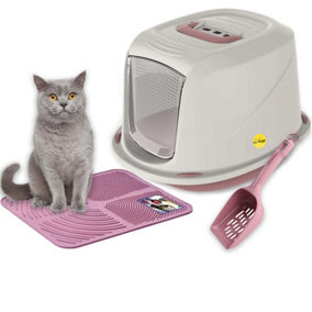 CAT CENTRE Jumbo Pink Cat Hooded Set: Litter Tray + Scoop + Tray Mat + Carbon Filter