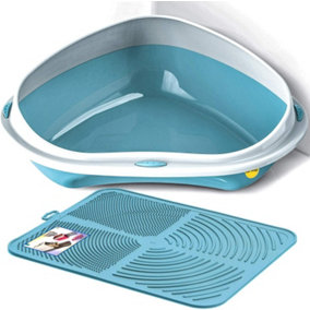 CAT CENTRE Large Corner Litter Tray with Nonslip Mat in Blue