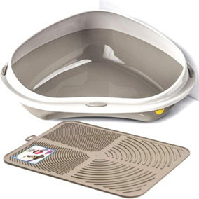 CAT CENTRE Large Corner Litter Tray with Nonslip Mat in Grey